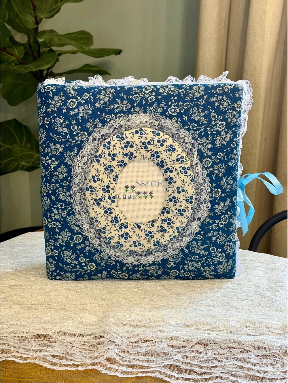 Vintage Handmade Fabric Photo Album Blue Floral Lace Cross Stitch With Love